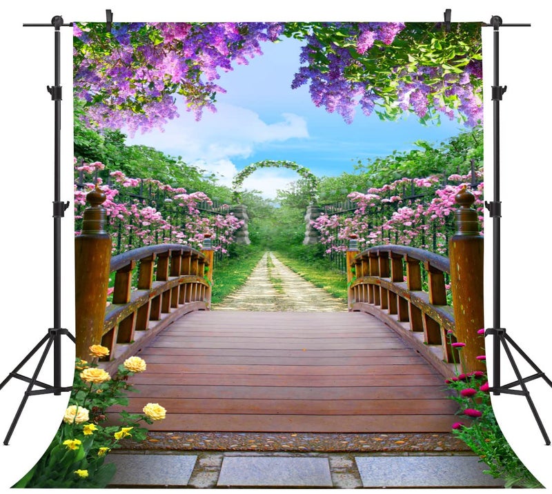 PHMOJEN Colorful Flowers Blossom Photography Backdrop Wooden Bridge Floral Garden Background Vinyl 5x7ft Photo Shooting Props HXPH010 - Image 1